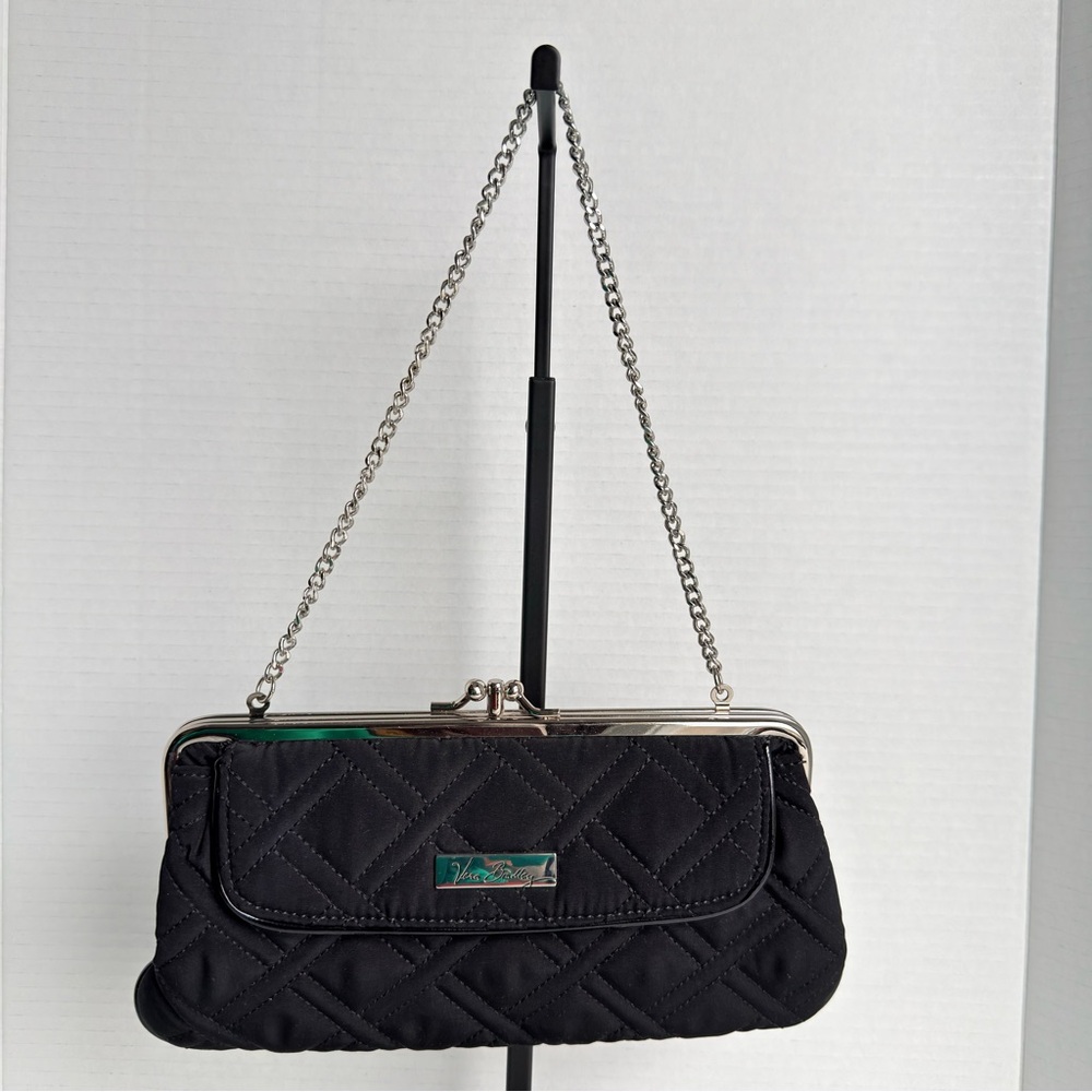 Vera Bradley Quilted Kisslock Clutch Wallet Black with Silver Chain Strap NWOT